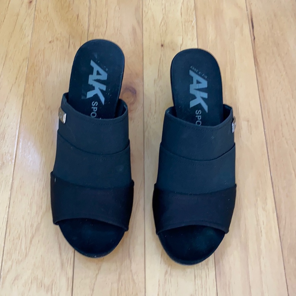 Ann Klein slip on open toe shoes. Approx. 2 inch heel. Size 8.